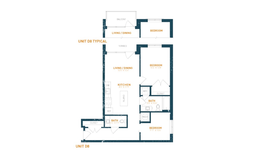 2D8 - 2 bedroom floorplan layout with 2 baths and 800 square feet.